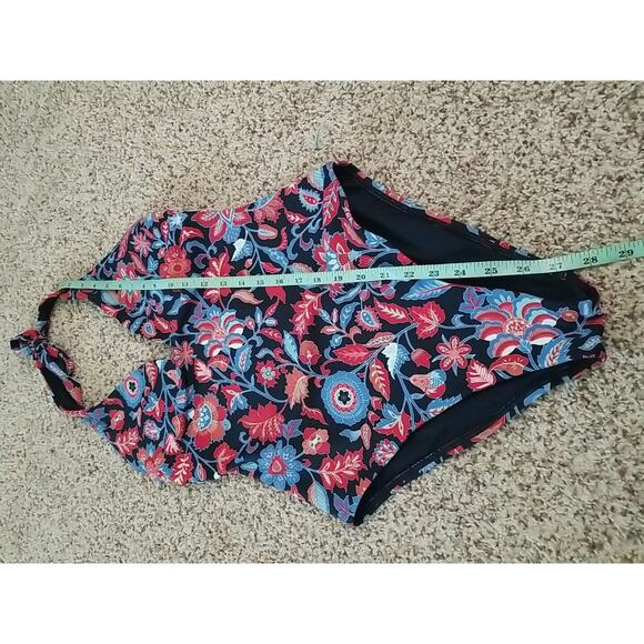 Loft Beach sz 2 Tie Neck Halter Lightly Padded Blue Red Floral 1 Piece‎ Swimsuit - Picture 6 of 12